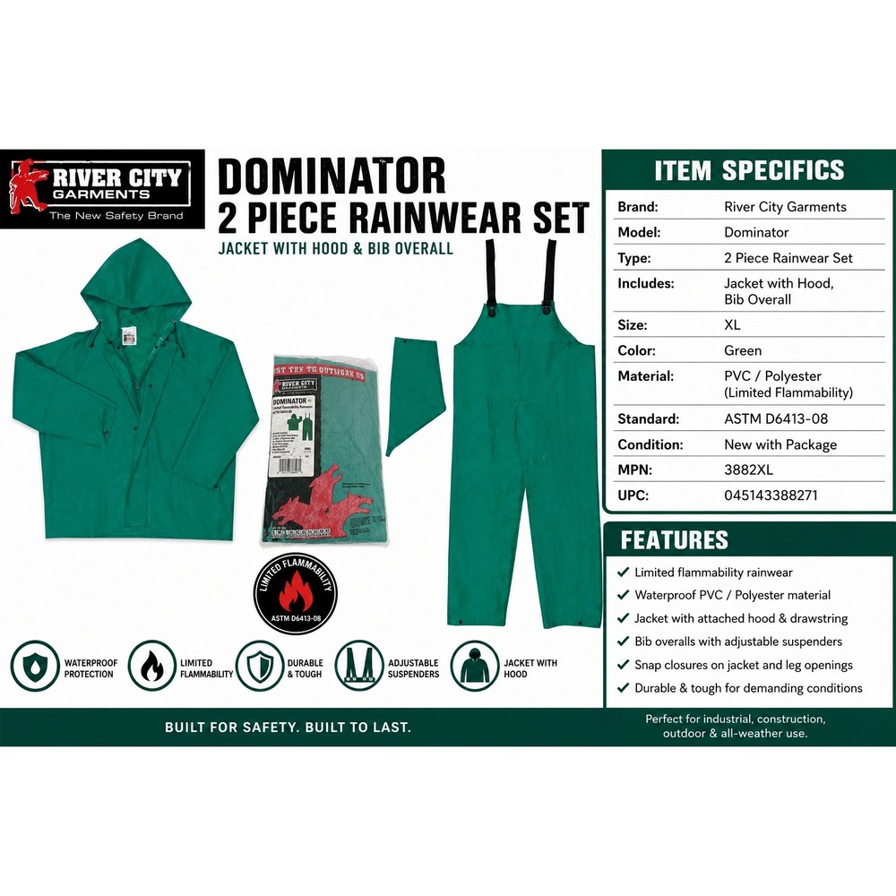 River City Dominator Green Rain Suit 2pc‎ Jacket Bibs ASTM D6413-08 4XL 3882X4